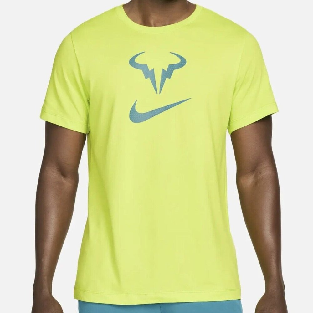 Nike Court Dri-FIT Rafa Bull Logo Tennis Shirt Volt Green DD8571-321 Size NEW